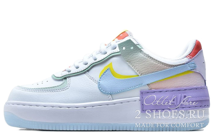 Кроссовки Nike Air Force 1 Low Shadow White Hydrogen Blue Purple CW2630-141 белые, разноцветные, кожаные